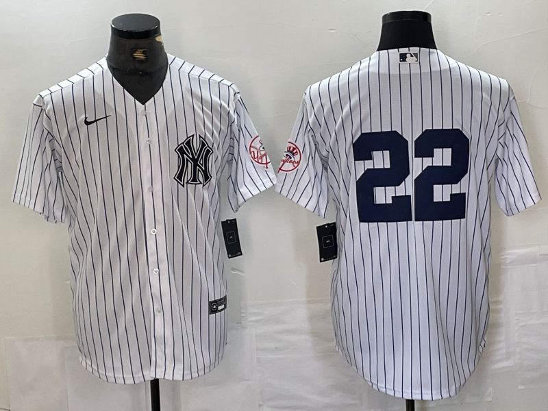 Men New York Yankees 22 Soto White Stripe Second generation joint name Nike 2024 MLB Jersey style 6